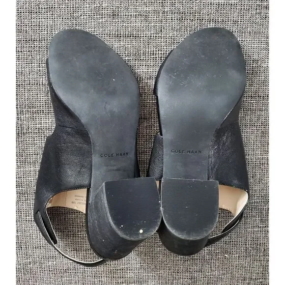 $228 Women's Cole‎ Haan Black Leather Open Toe Ankle Strap Heels US Size 10 B
